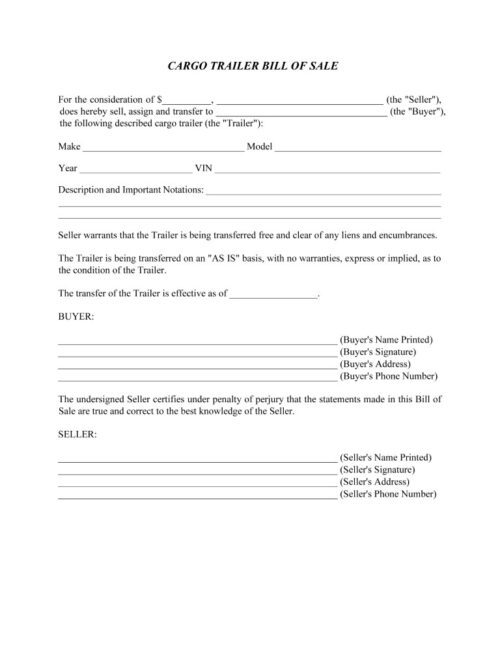 Free Cargo Trailer Bill of Sale PDF & Word - Free Printable Legal Forms