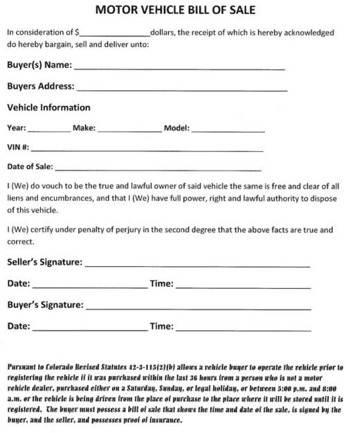 Free Printable Colorado Motor Vehicle Bill of Sale For Truck or Car PDF ...