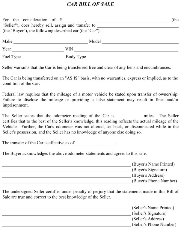 Free Simple Bill Of Sale For Car Pdf & Word - Free Printable Legal Forms