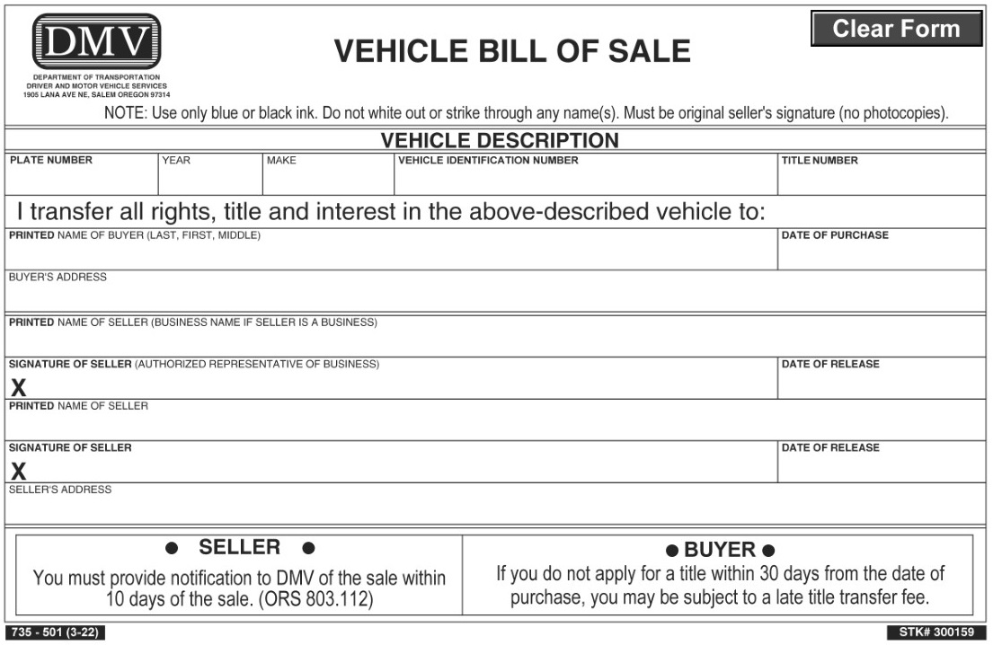 Free Printable Oregon Motor Vehicle Bill of Sale For Truck or Car PDF ...