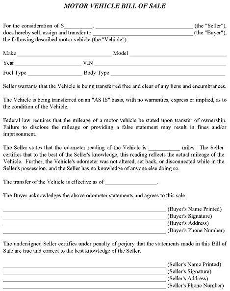 Kentucky Motor Vehicle Bill of Sale For Truck or Car Form