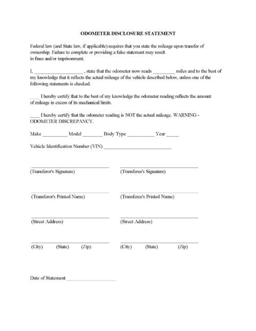 Odometer Disclosure Statement - Fillable PDF - Free Printable Legal Forms