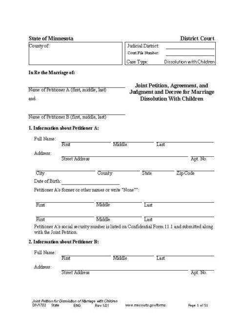 minnesota joint petition agreement and judgment and decree for marriage dissolution with children pdf free printable legal forms