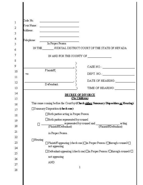 nevada decree of divorce no children pdf free printable legal forms