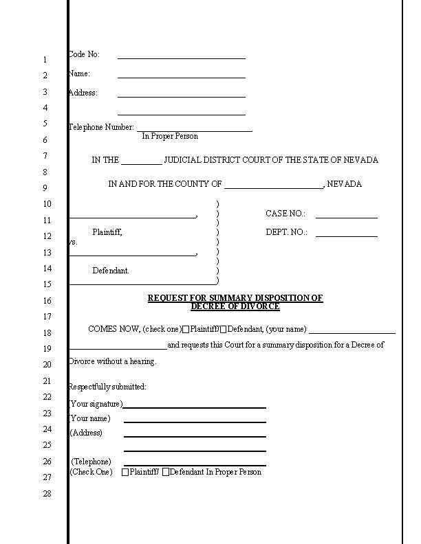 Nevada Request For Summary Disposition For Decree Of Divorce PDF Free Printable Legal Forms