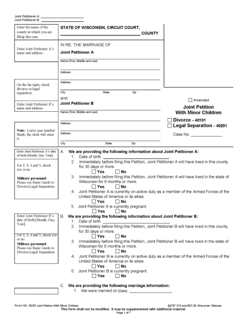 wisconsin divorce joint petition with minor children pdf free printable legal forms