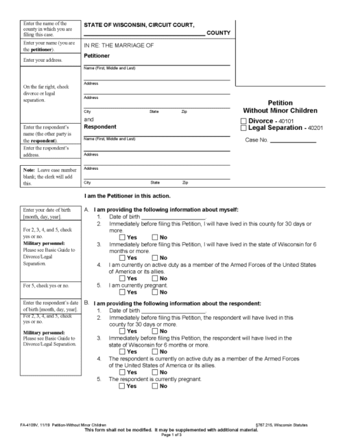 wisconsin divorce petition without minor children pdf free printable legal forms