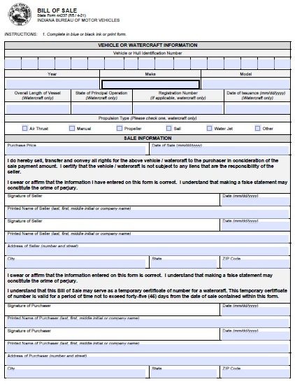 Free Indiana Vehicle Bmv Bill Of Sale 44237 Form Pdf - vrogue.co