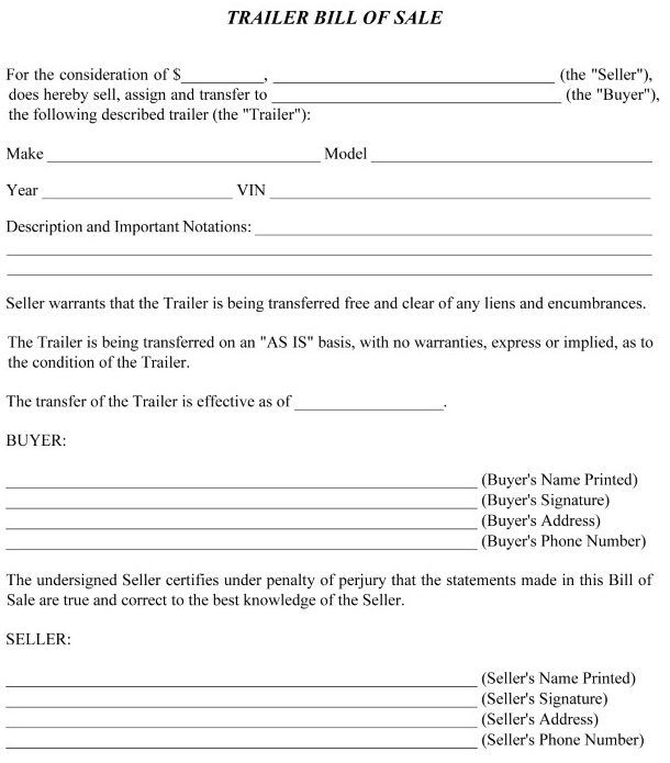 Free Simple Bill of Sale For Trailer Word - Free Printable Legal Forms