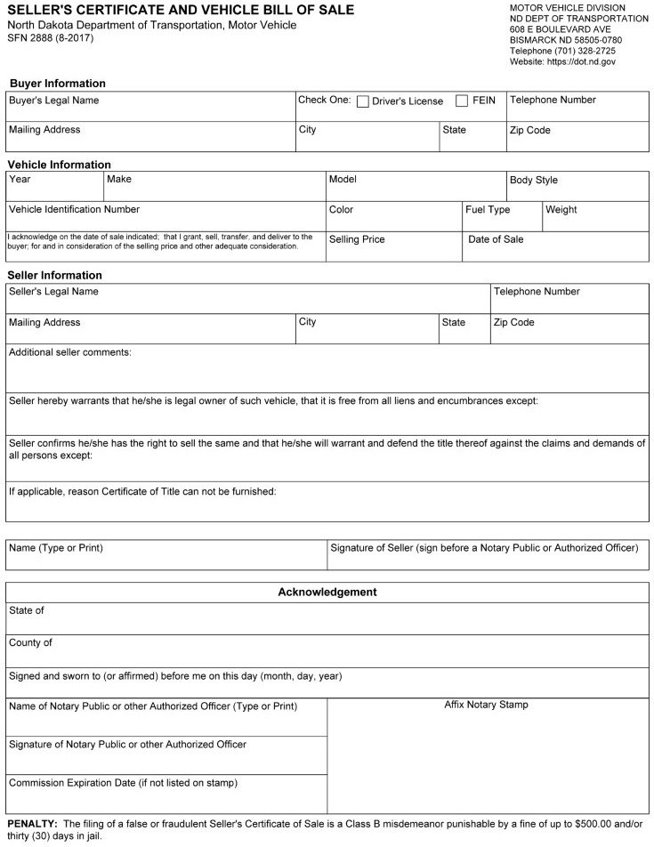 Free North Dakota Bill of Sale For Car PDF - Free Printable Legal Forms